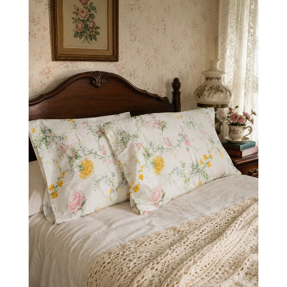 Sears Pillowcase Set Standard White Pink Yellow Floral Vintage Cottagecore 70s